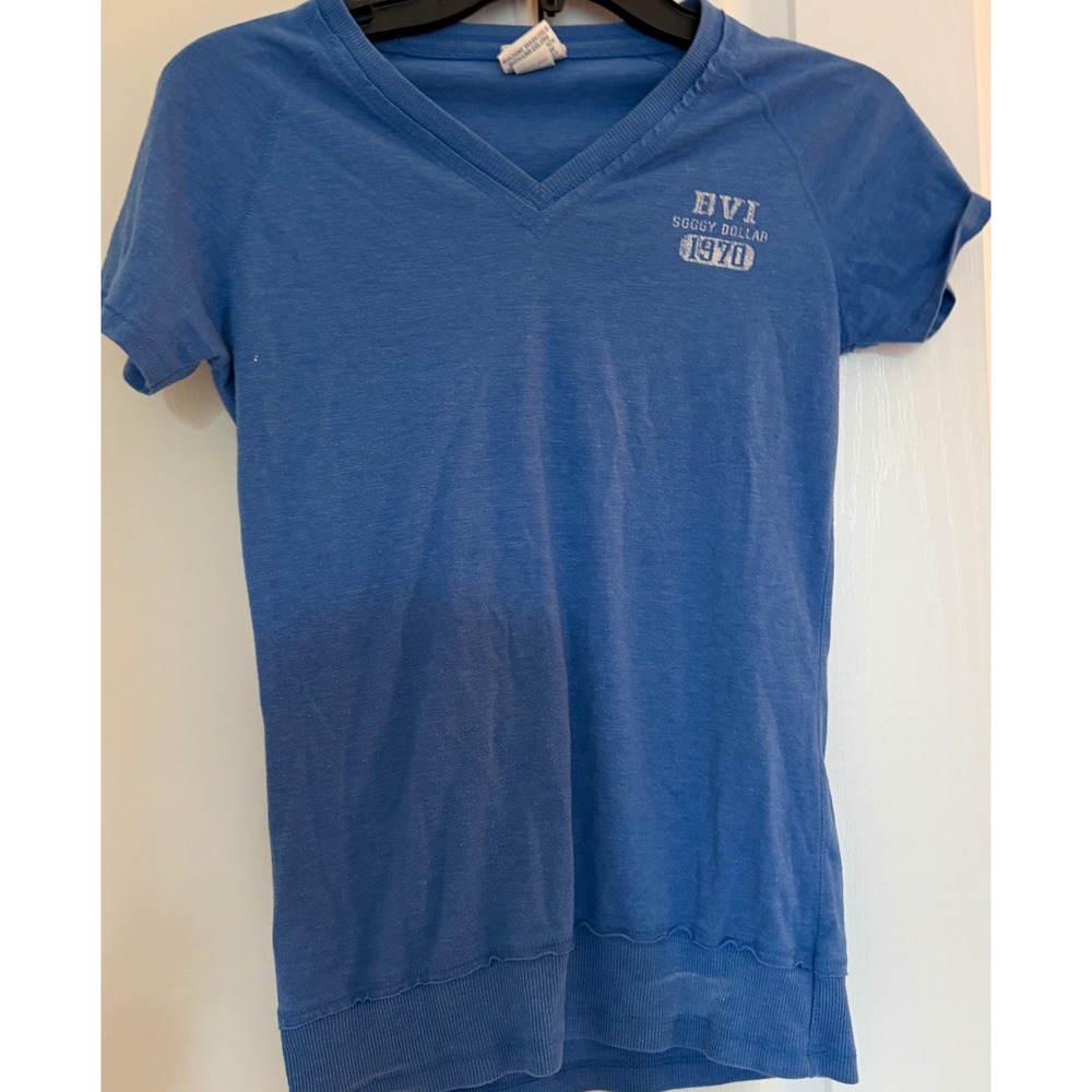 Camp David BVI Soggy Dollar 1970 Blue V-Neck Graphic T-Shirt Womens Medium